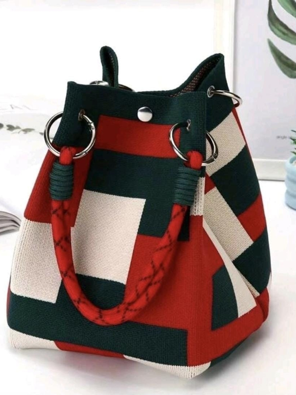 Geometric Canvas Bucket Bag - Red, Green & Cream